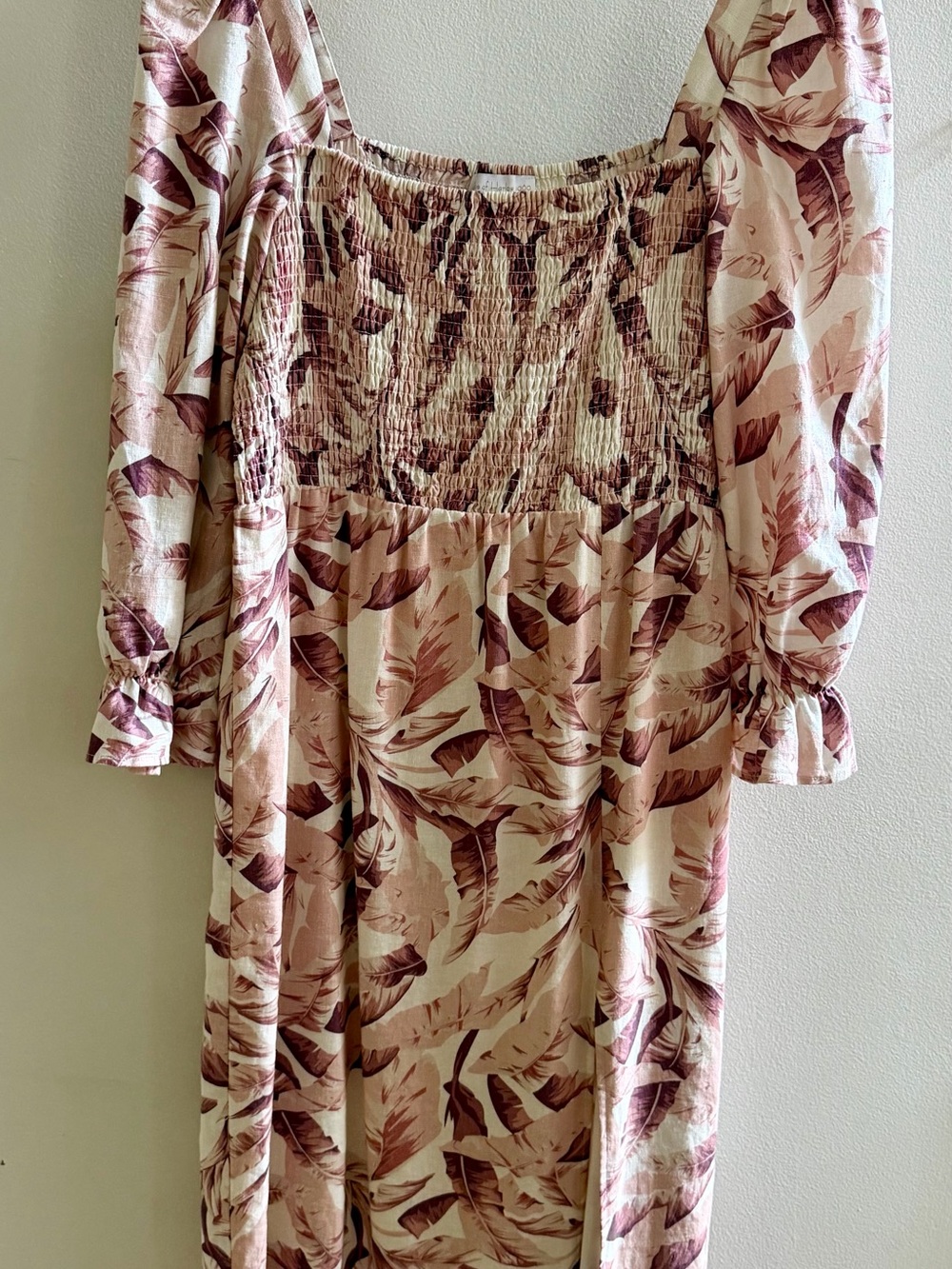 Smocked Bodice Midi Dress with Leaf Print in Blush and Mauve